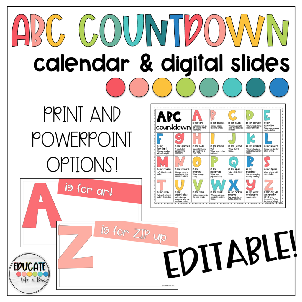 ABC countdown - a countdown to the end of school going through each of the letters of the alphabet