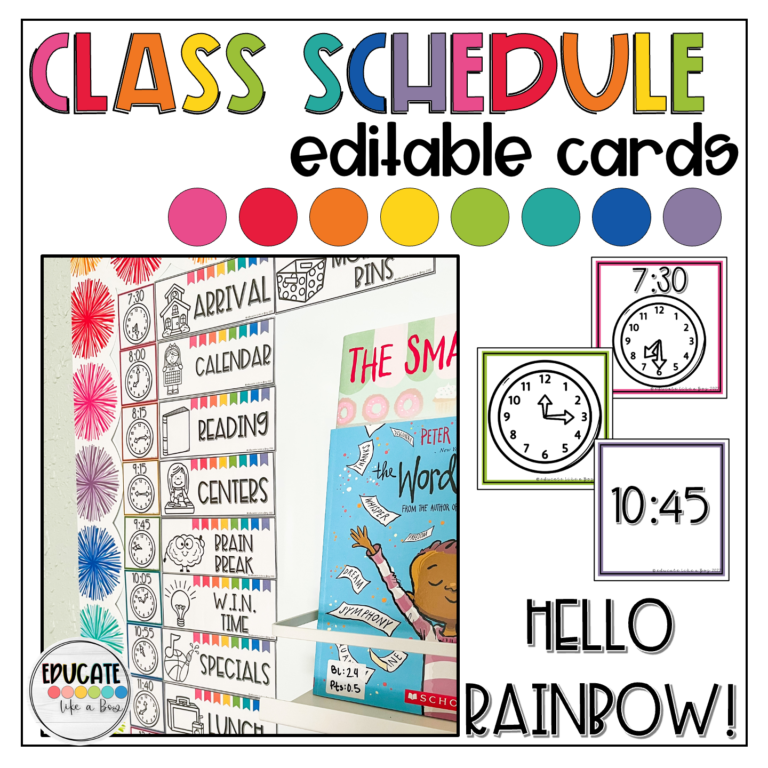 rainbow class schedule cards, editable to fit your classroom needs