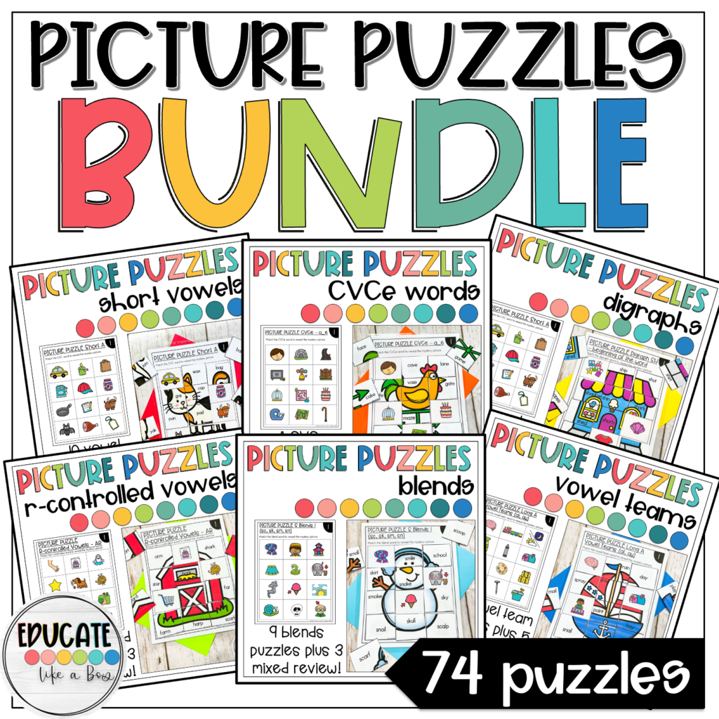 mystery picture puzzles - a whole year of phonics literacy centers for word work